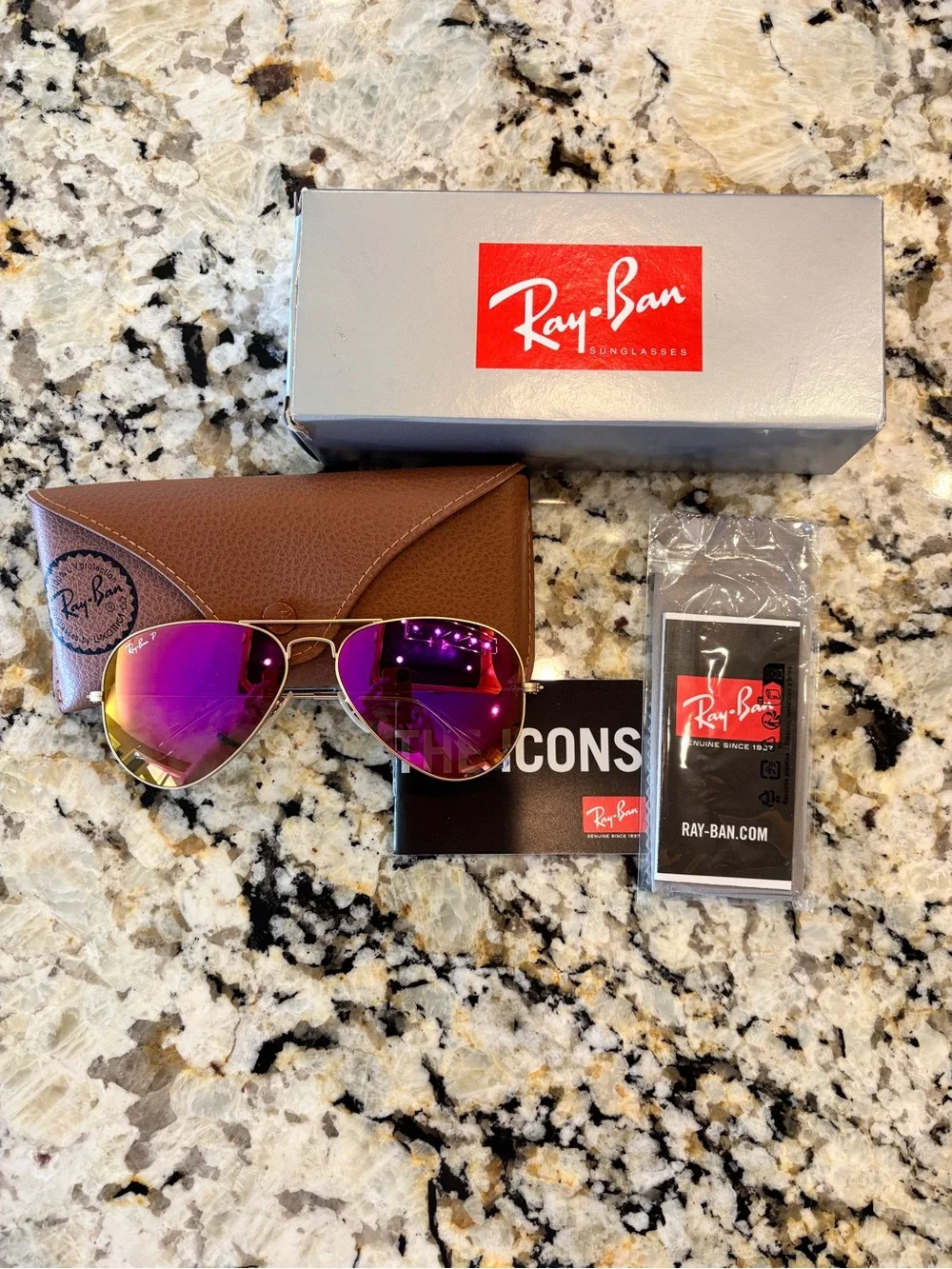 Ray-Ban Gold Frame Aviator Sunglasses with Purple-Pink Mirror Lenses